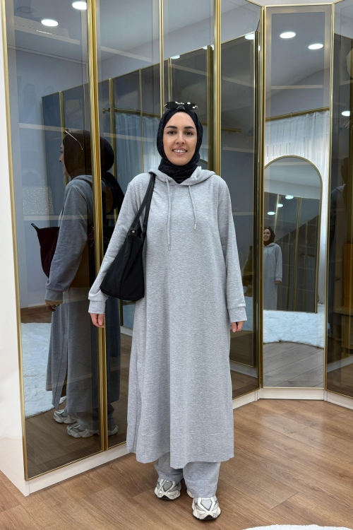 Kapüşonlu yırtmaçlı takım Gri Melanj