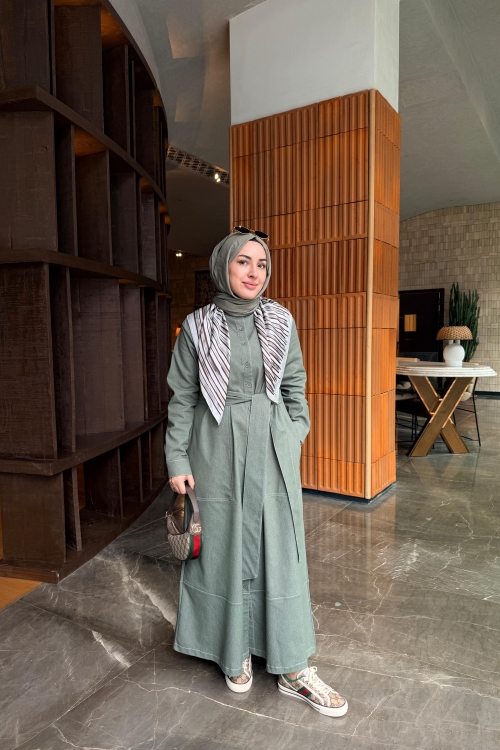 Kontrast Dikişli Kot Elbise Haki