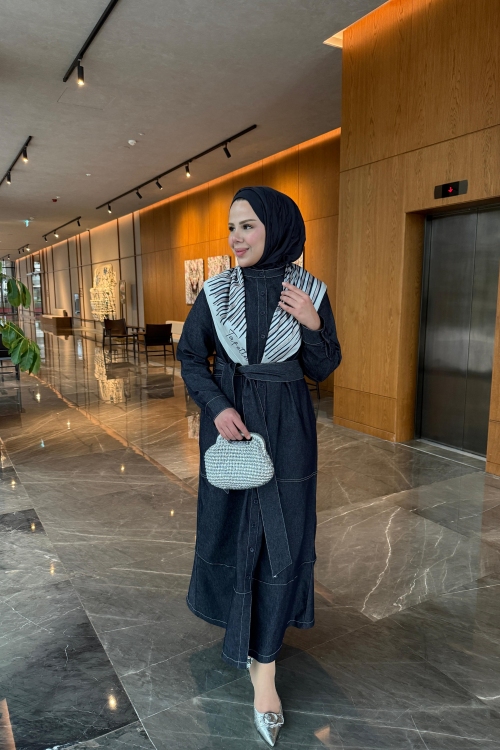 Kontrast Dikişli Kot Elbise Lacivert