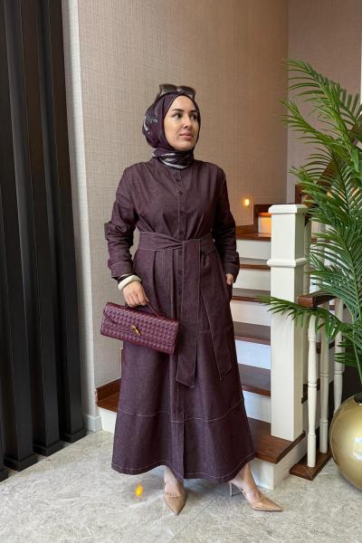 Kontrast Dikişli Kot Elbise Mürdüm