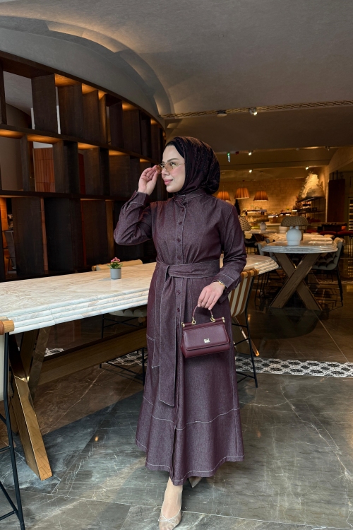 Kontrast Dikişli Kot Elbise Mürdüm