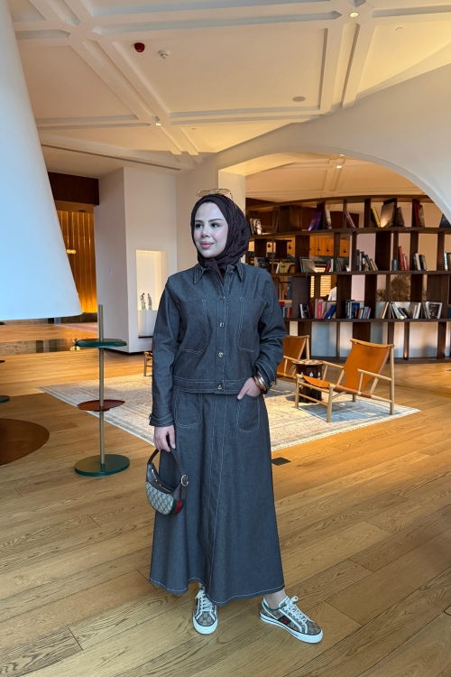 Kontrast Dikişli Kot Etekli Takım  Kahverengi