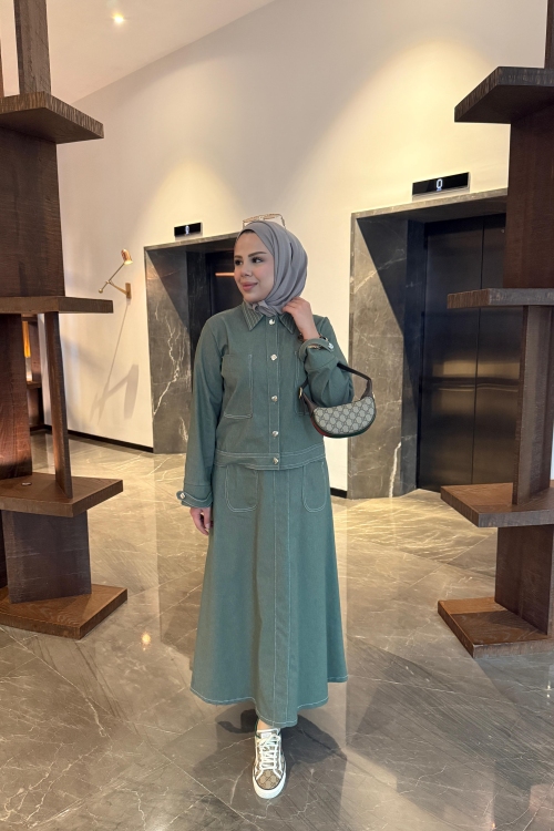 Kontrast Dikişli Kot Etekli Takım  Haki