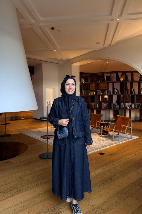 Kontrast Dikişli Kot Etekli Takım  Lacivert