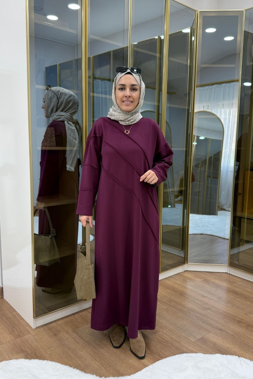 Nervür Detaylı Oysho Elbise Mürdüm