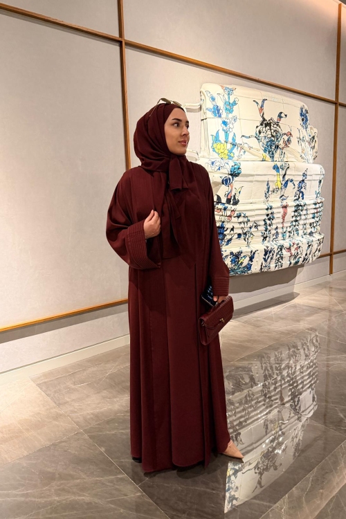 Nervürlü Elbise Abaya Bordo
