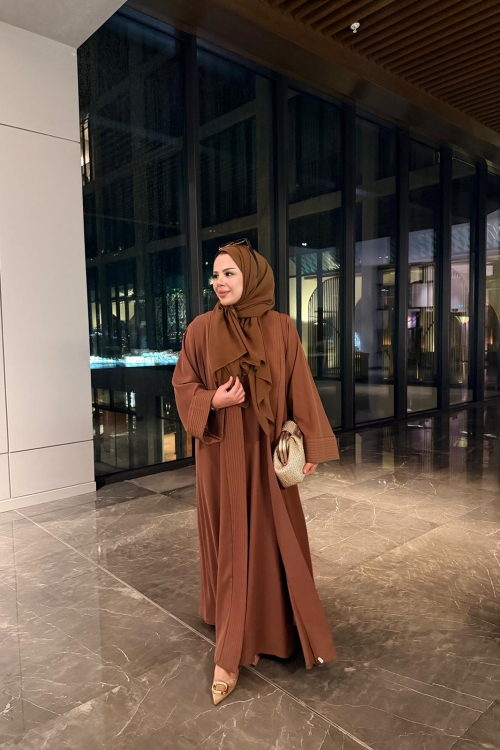 Nervürlü Elbise Abaya Kahverengi