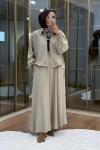 Omuzu Büzgülü Ceket Etek Takım Bej