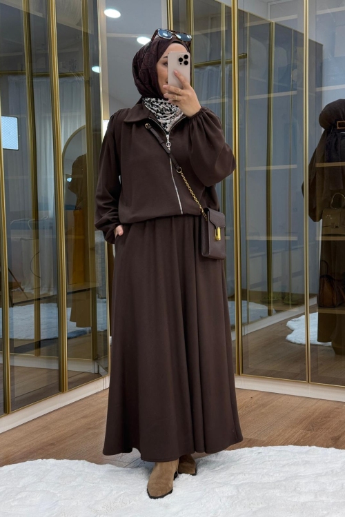 Omuzu Büzgülü Ceket Etek Takım Kahverengi