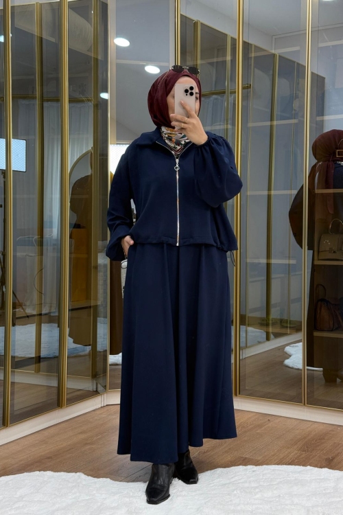 Omuzu Büzgülü Ceket Etek Takım Lacivert