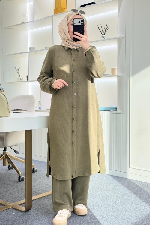 Örme kumaş maksi boy takım Haki