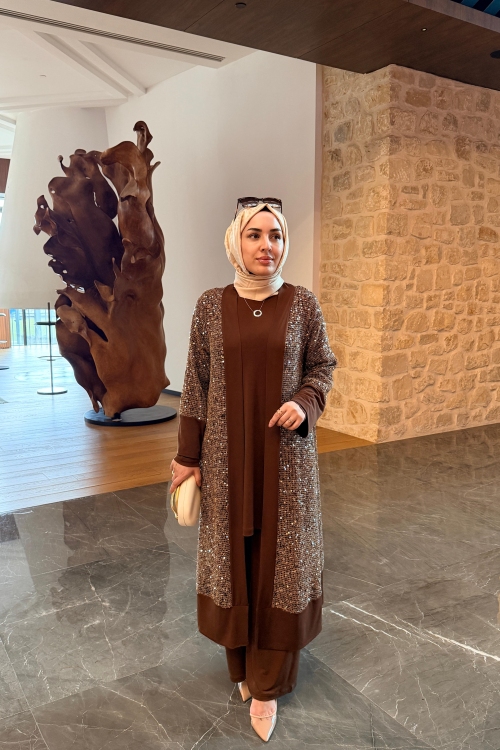 Payetli Hırkalı Takım Kahverengi