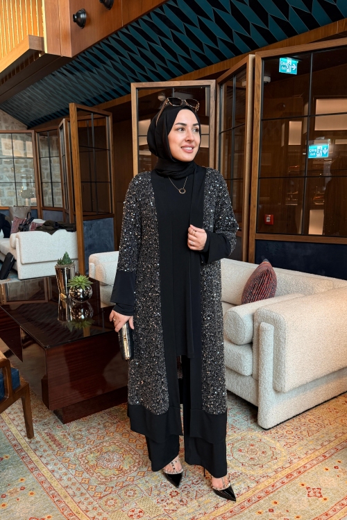 Payetli Hırkalı Takım Siyah