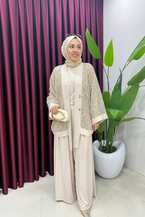Payetli Üçlü Takım Bej
