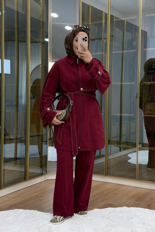 Pelerinli Gabardin Takım Bordo
