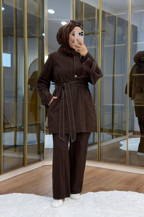 Pelerinli Gabardin Takım Kahverengi