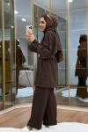 Pelerinli Gabardin Takım Kahverengi