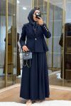 Pile Detaylı Ceket Etekli Takım Lacivert