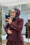 Pile Detaylı Ceket Etekli Takım Bordo