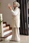 Püskül Detay Yelek Takım Bej