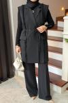 Püskül Detay Yelek Takım Siyah