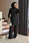 Püskül Detay Yelek Takım Siyah