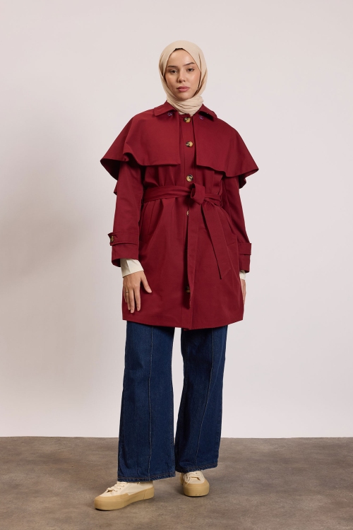 Seyyar Pelerinli Trençkot Bordo