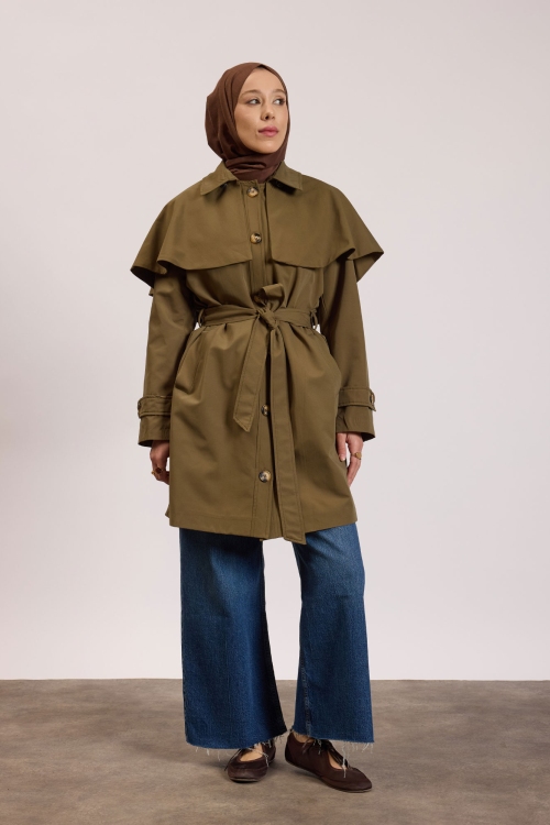 Seyyar Pelerinli Trençkot Haki
