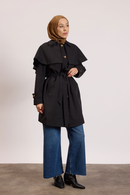 Seyyar Pelerinli Trençkot Siyah