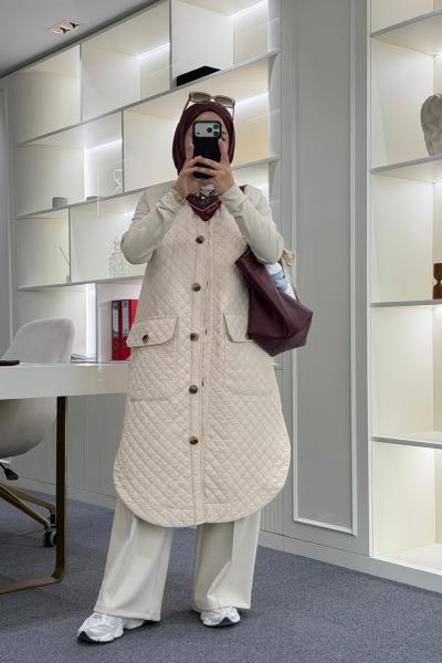 Uzun Kapitone Yelek Bej