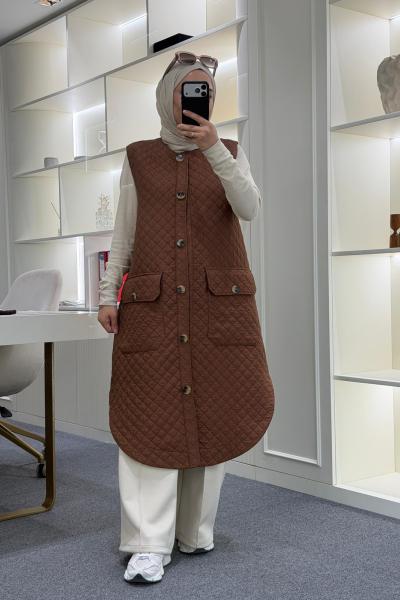 Uzun Kapitone Yelek Kahverengi