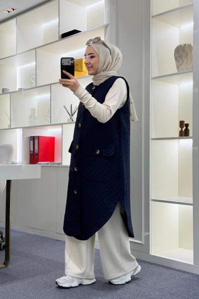 Uzun Kapitone Yelek Lacivert