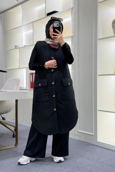 Uzun Kapitone Yelek Siyah