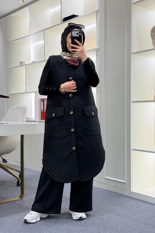 Uzun Kapitone Yelek Siyah