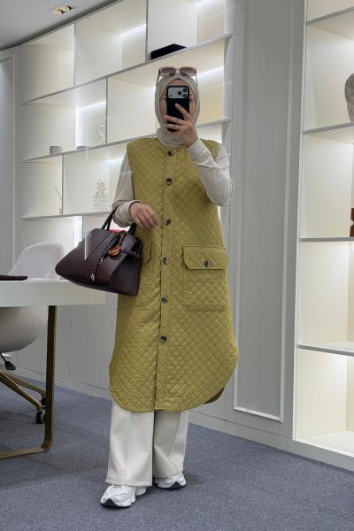 Uzun Kapitone Yelek Yağ Yeşili