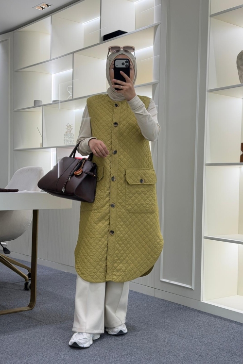 Uzun Kapitone Yelek Yağ Yeşili