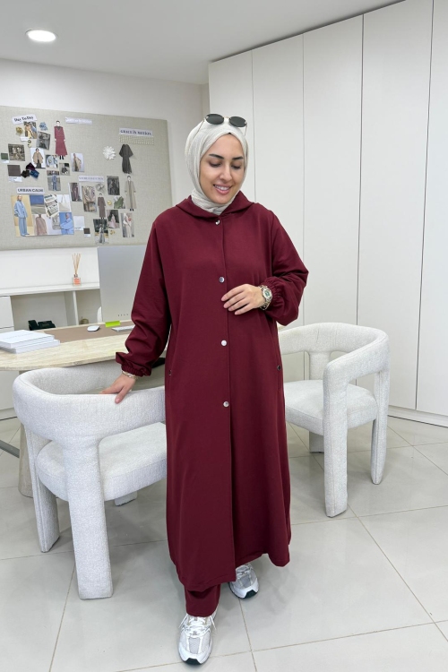 Uzun Kapüşonlu İkiiplik Takım Bordo
