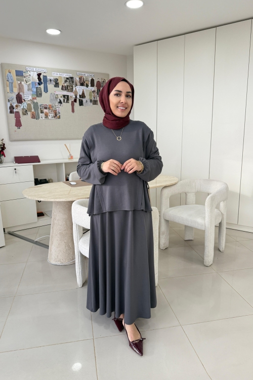 Yandan Büzgülü Oysho Etekli Takım Füme