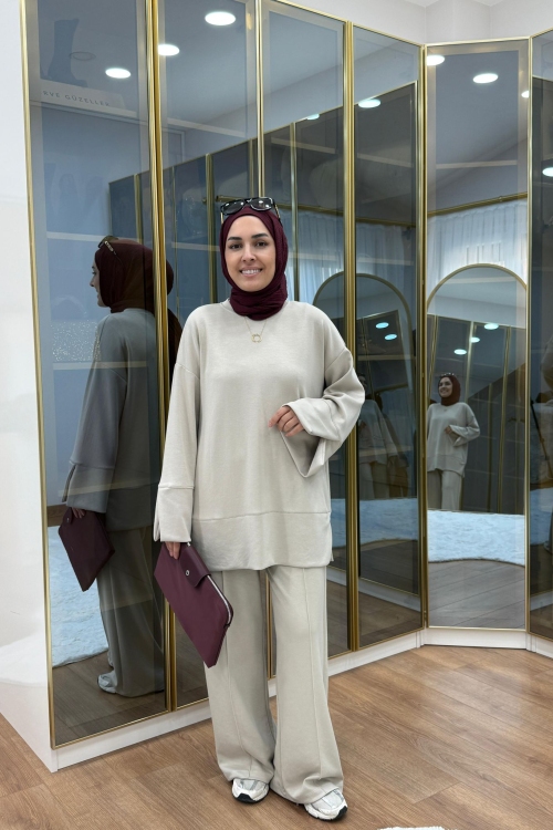 Yırtmaç Detaylı Oysho İkiiplik Takım Bej