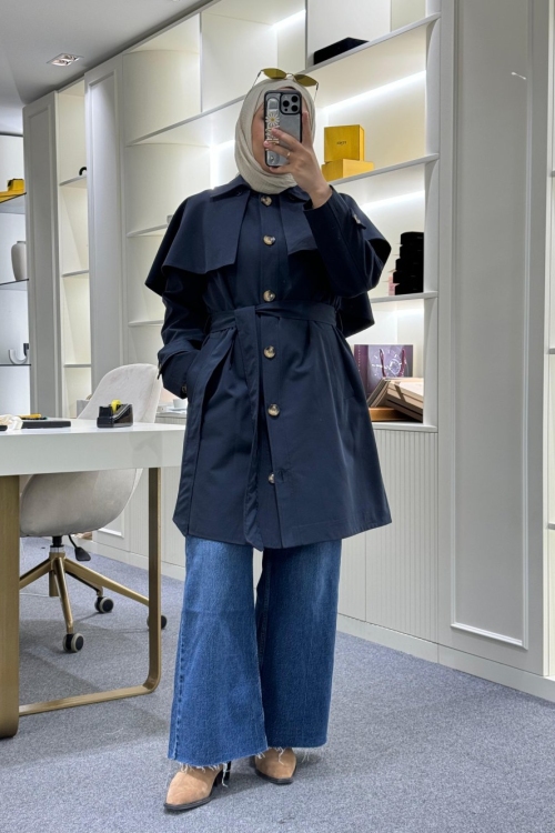 Seyyar Pelerinli Trençkot Lacivert