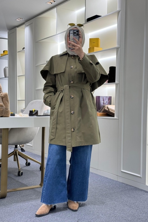 Seyyar Pelerinli Trençkot Haki