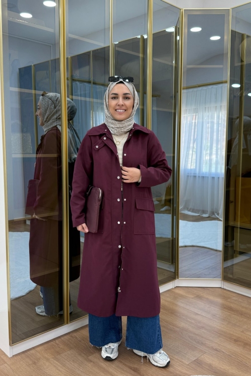 Çıtçıtlı Detaylı Parka Trençkot Bordo