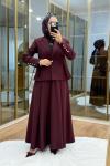 Pile Detaylı Ceket Etekli Takım Bordo
