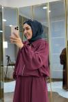 Omuzu Büzgülü Ceket Etek Takım Mürdüm