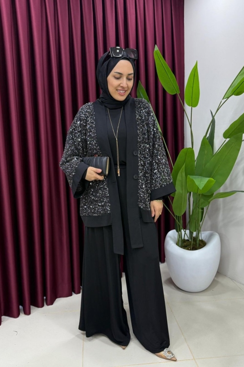 Payetli Üçlü Takım Siyah
