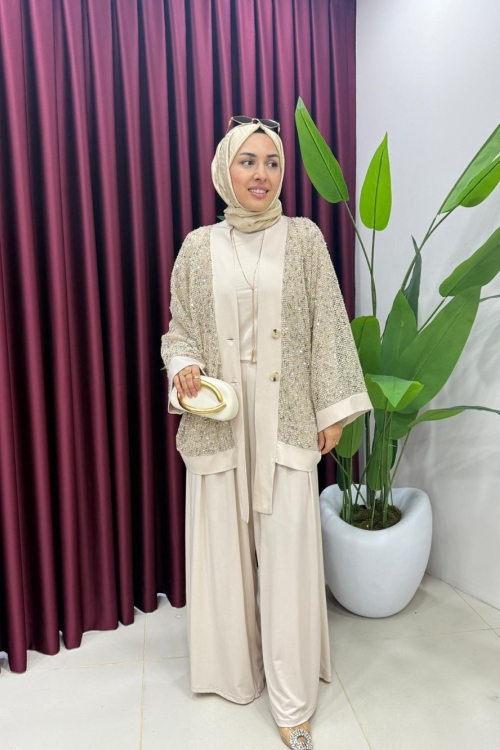 Payetli Üçlü Takım Bej