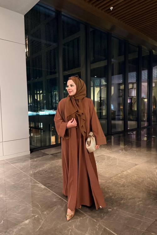 Nervürlü Elbise Abaya Kahverengi