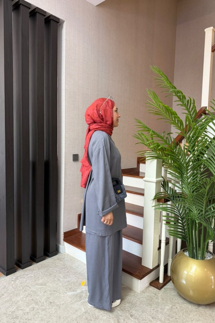 Cep Detaylı Keten Takım Füme